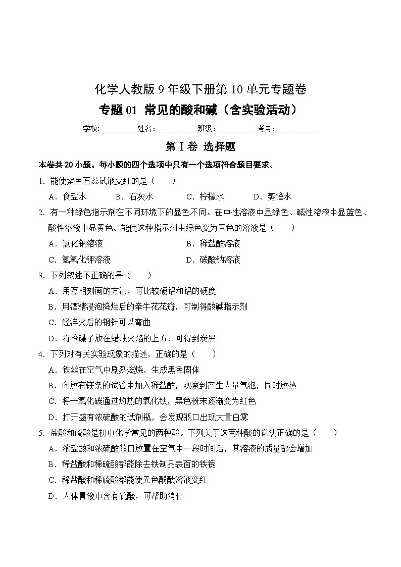 化学人教版9年级下册第10单元专题卷01 常见的酸和碱(含实验活动)02