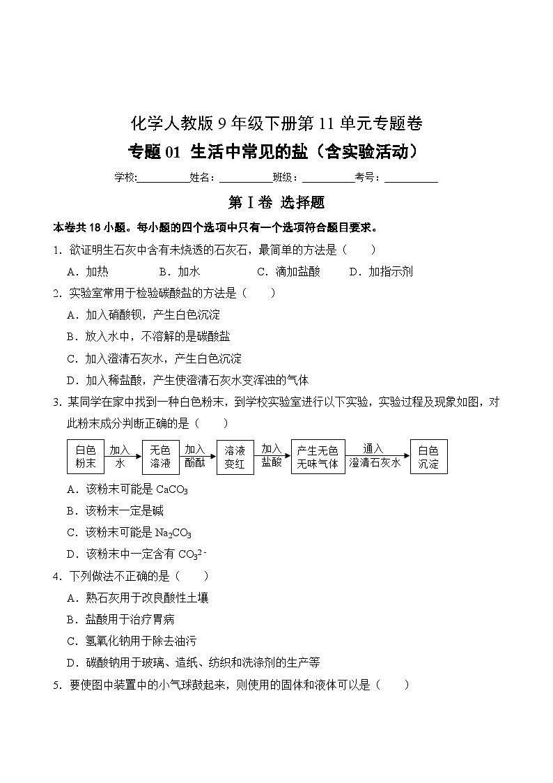 化学人教版9年级下册第11单元专题卷01 生活中常见的盐(含实验活动)02