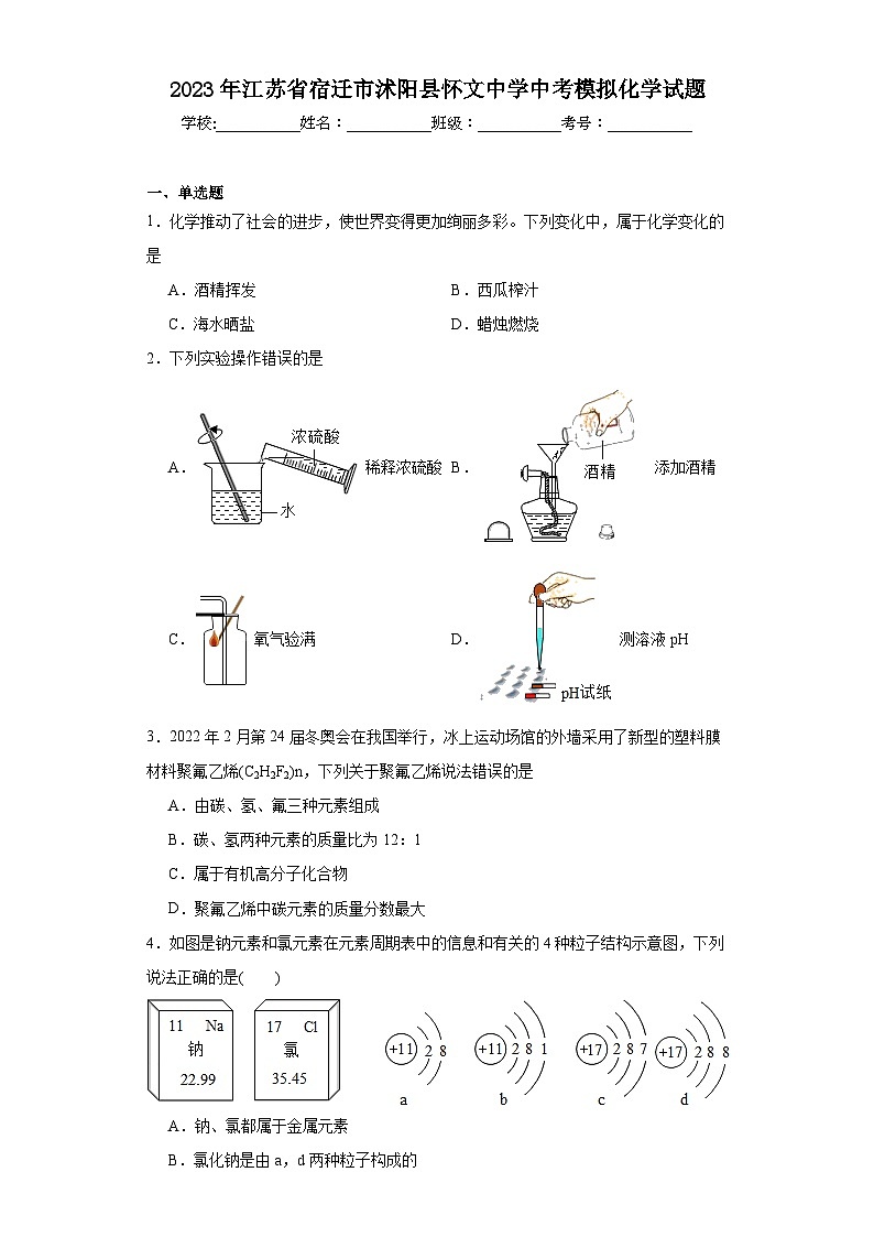 2023年江苏省宿迁市沭阳县怀文中学中考模拟化学试题(含解析)第1页