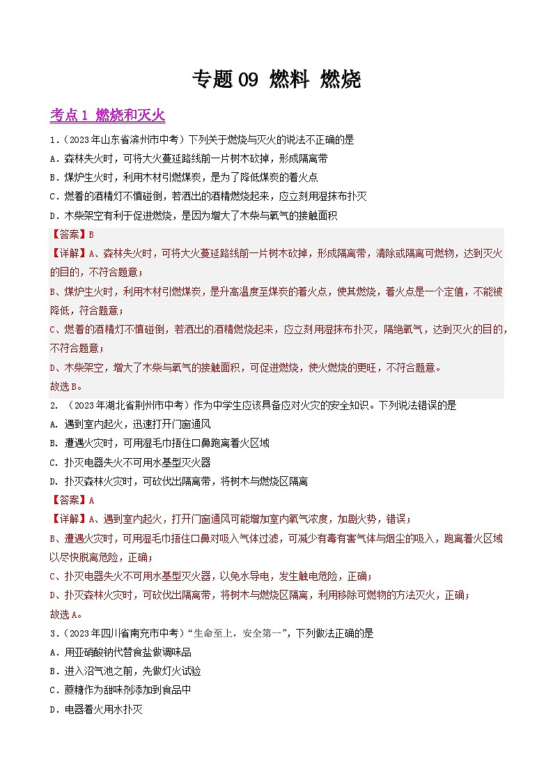 专题09 燃料 燃烧-2023年中考化学真题分项汇编(全国版)(答案解析)第1页