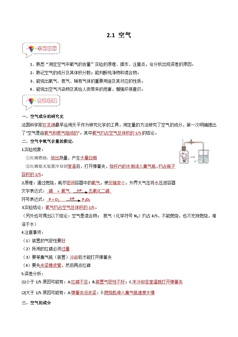 2.1 空气-2023-2024学年九年级化学上册同步精品讲义+分层作业（人教版）01