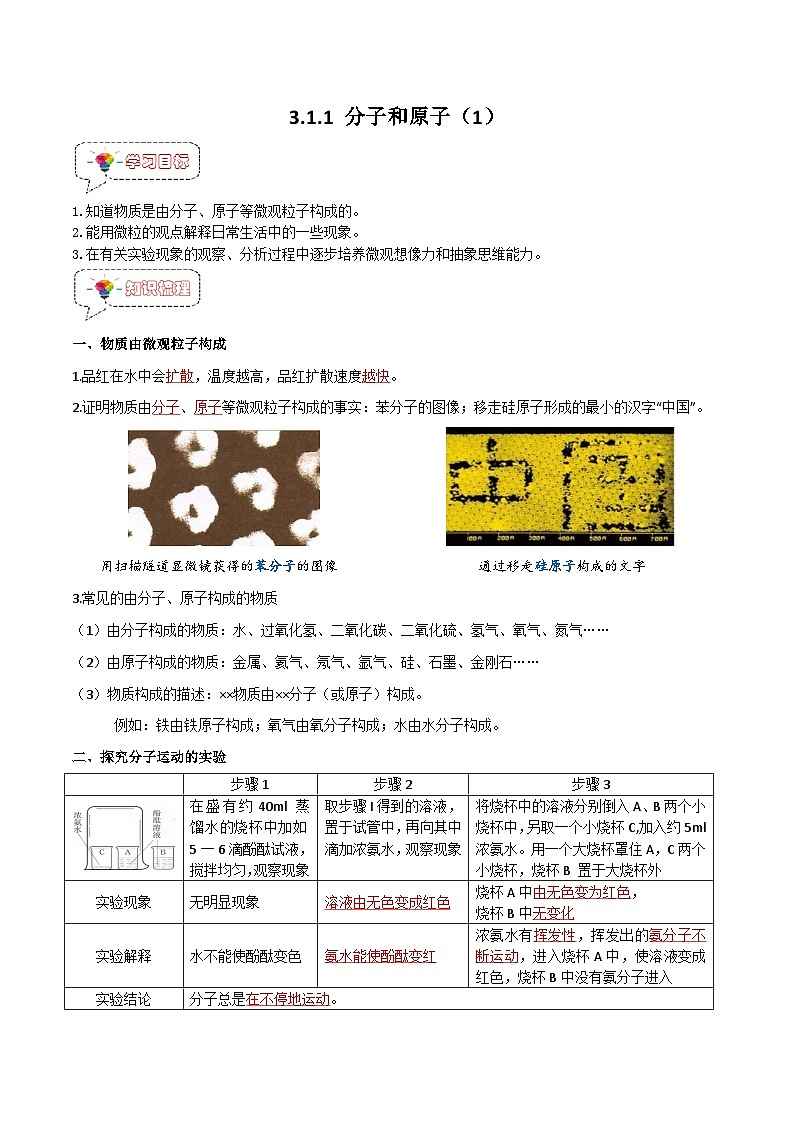 3.1.1 分子和原子(1)-九年级化学上册同步精品讲义+分层作业(人教版)(解析版)第1页