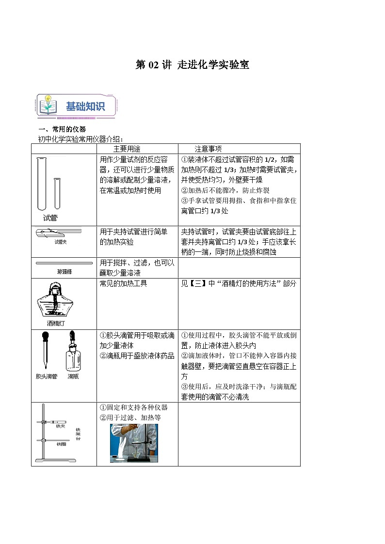 第02讲 走进化学实验室-2023-2024学年新九年级化学暑假同步课(上海沪教版) 试卷01