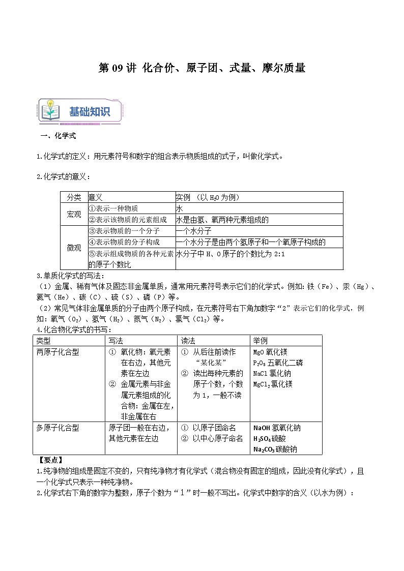 第09讲 化合价、原子团、式量、摩尔质量(原卷版)第1页