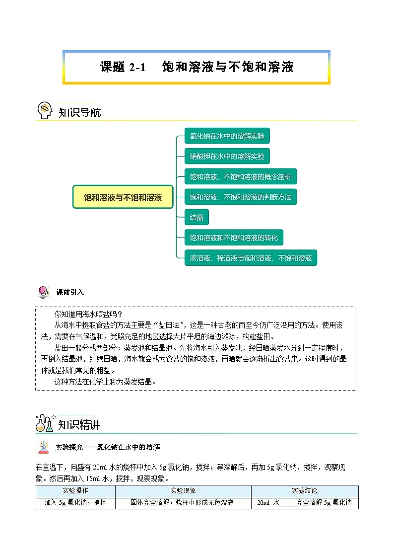 【同步讲义】人教版化学九年级下册--902.1 饱和溶液与不饱和溶液 (讲义)01