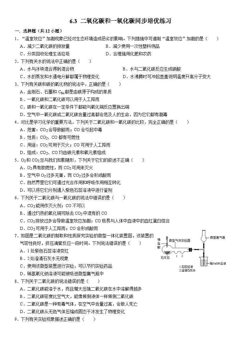 人教版初中化学九年级上册 6.3 二氧化碳和一氧化碳同步培优练习第1页
