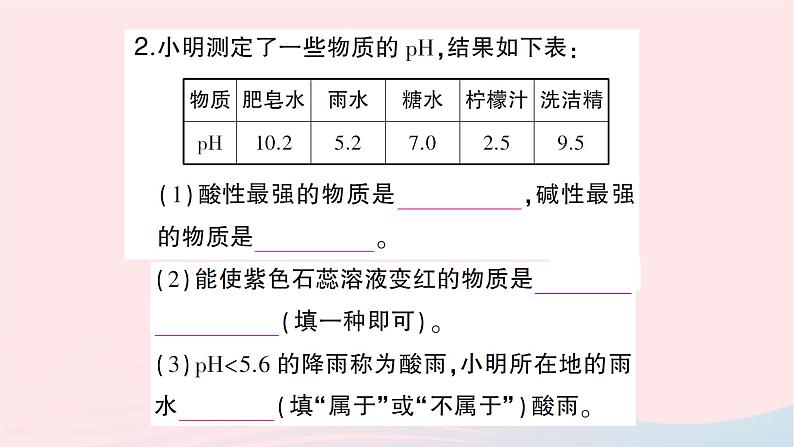 2023九年级化学下册第十单元酸和碱课题2酸和碱的中和反应第二课时溶液酸碱度的表示法__pH作业课件新版新人教版第3页