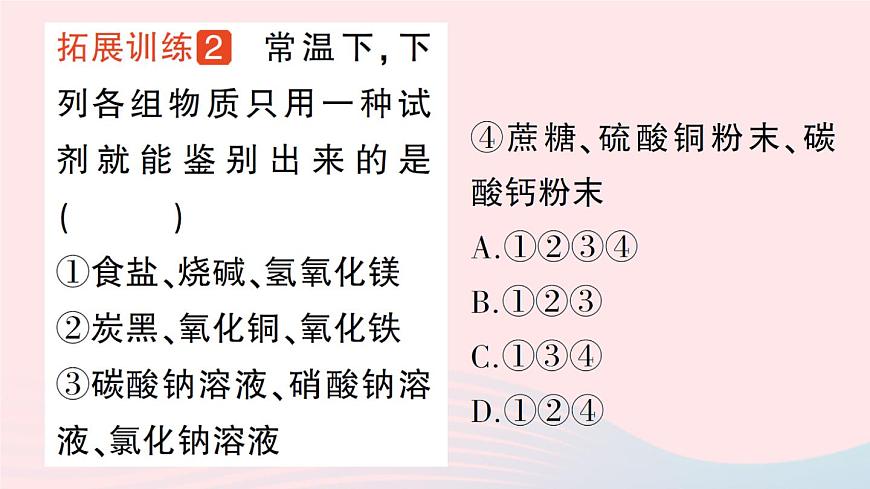 2023九年級化學(xué)下冊第十一單元鹽化肥專題三物質(zhì)的共存鑒別與除雜作業(yè)課件新版新人教版第8頁