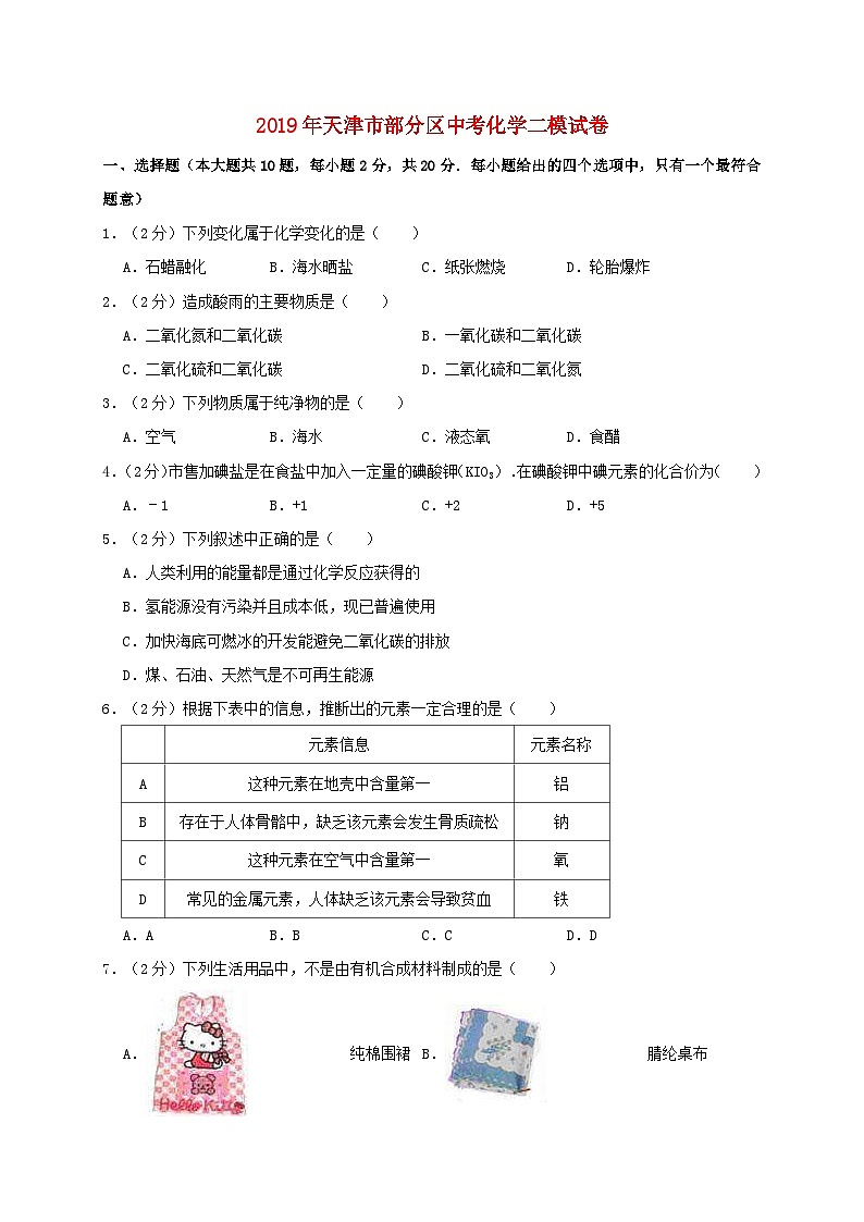 天津市部分区2019年中考化学二模试卷(含解析)01