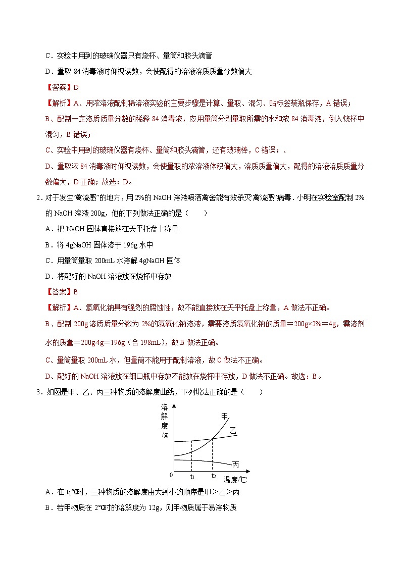 中考化学二轮复习易错题专练09 溶液的形成(含解析)第2页