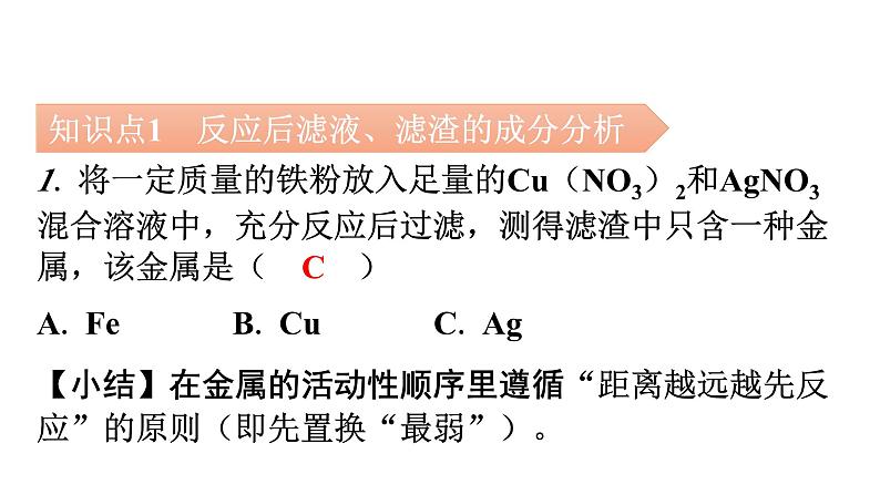 人教版九年级化学第八单元2金属的化学性质课时4拓展二反应后滤液、滤渣的成分分析反应后溶液或固体质量的变化金属的分离和有关物质的回收教学课件第3页