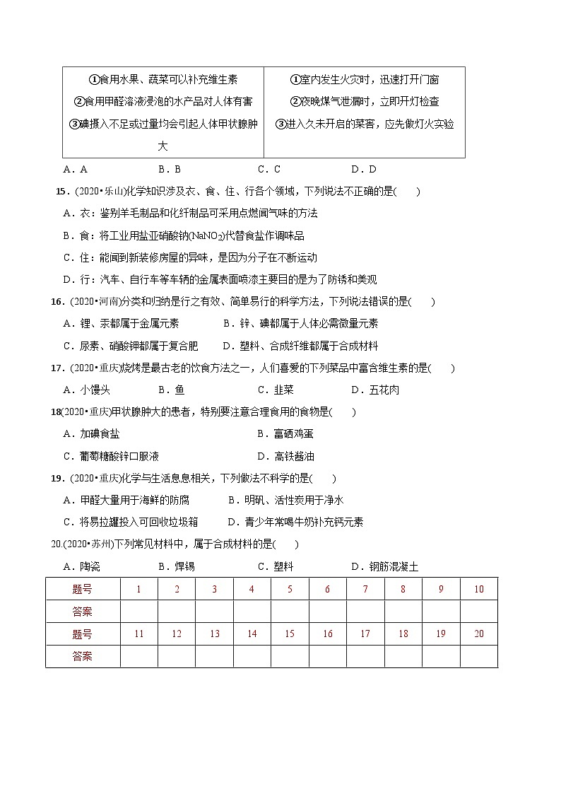 第12单元 化学与生活章末检测-最新初中化学同步(含答案)第3页