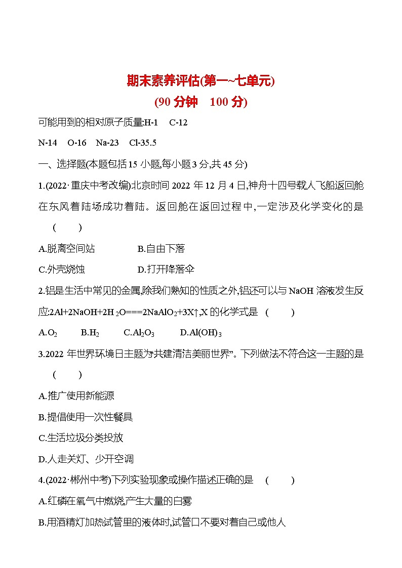 期末素养评估(第一~七单元) 同步练习 (学生版)2023-2024 人教版化学九年级上册第1页