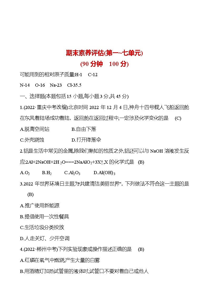 期末素养评估(第一~七单元) 同步练习 (教师版)2023-2024 人教版化学九年级上册第1页