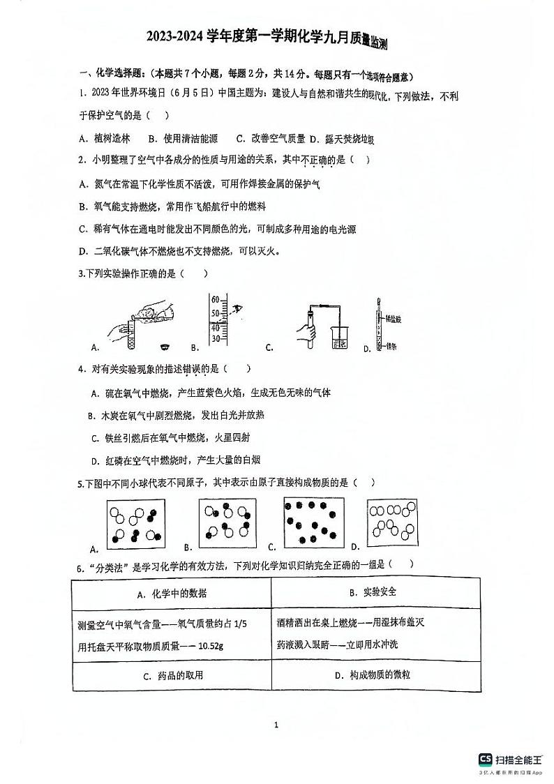 贵州省贵阳市南明区第一实验中学2023-2024学年度九年级上学期9月质量监测化学试题(图片版 无答案)第1页