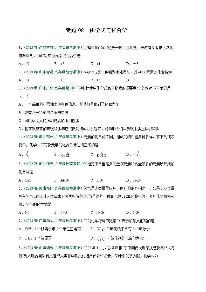 【期中真题】(人教版)2023-2024学年九年级化学上册 期中真题分类专题汇编 专题08 化学式与化合价-试卷.zip01