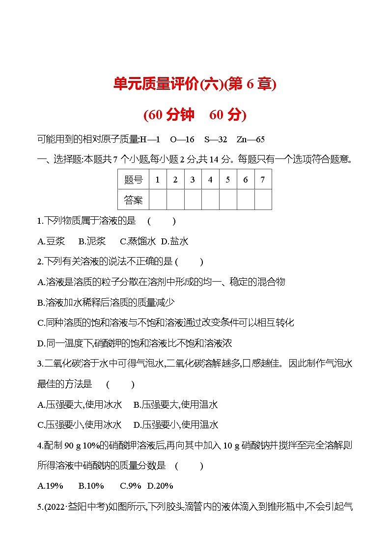 單元質(zhì)量評價(六)(第6章) 試卷(學(xué)生版) 2023-2024 滬教版 化學(xué) 九年級下冊 第1頁