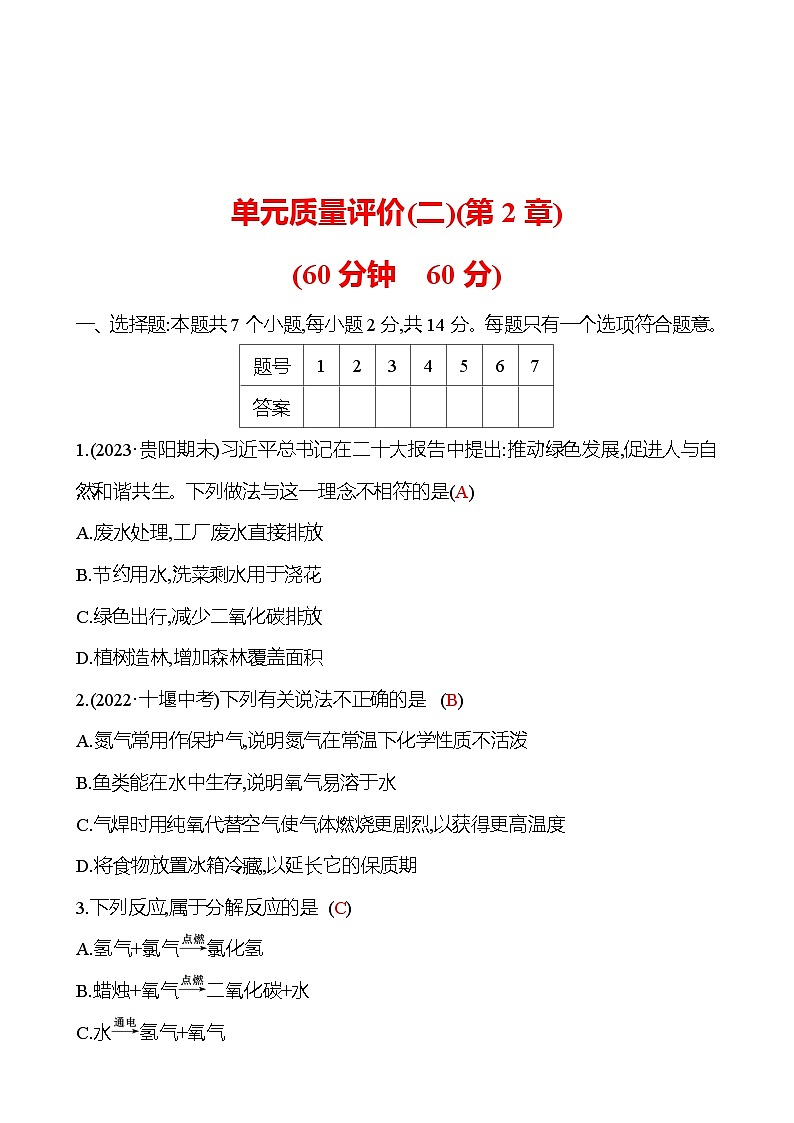 單元質(zhì)量評價(jià)(二)(第2章) 試卷（教師版） 2023-2024 滬教版 化學(xué) 九年級上冊第1頁