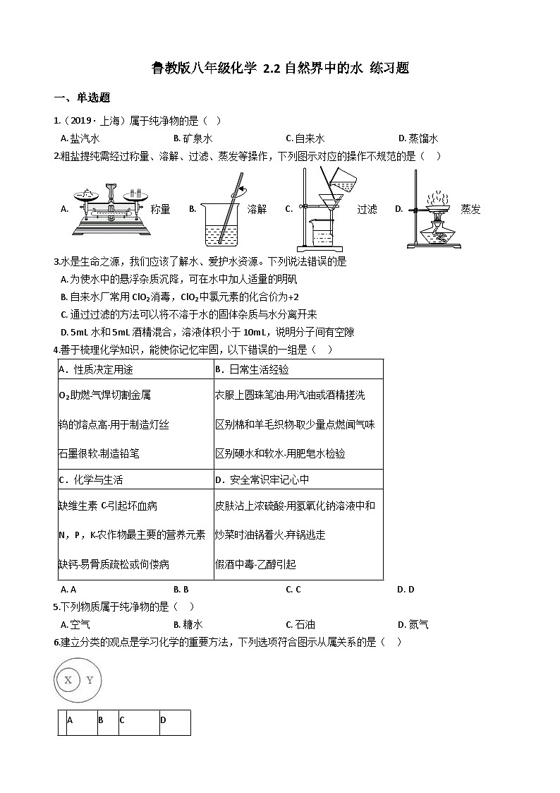 鲁教版八年级化学 2.2自然界中的水 练习题01