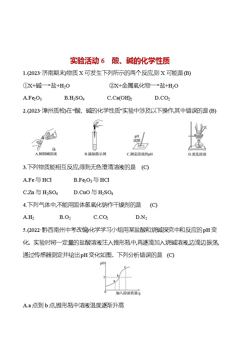 实验活动6 酸、碱的化学性质 试卷(教师版)2023-2024人教版 九年级化学第1页