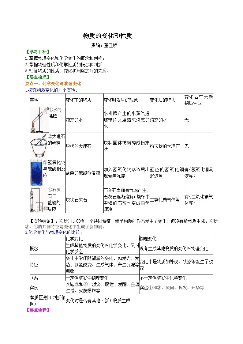 人教版化学九年级上册同步精品讲义物质的变化和性质 知识讲解01