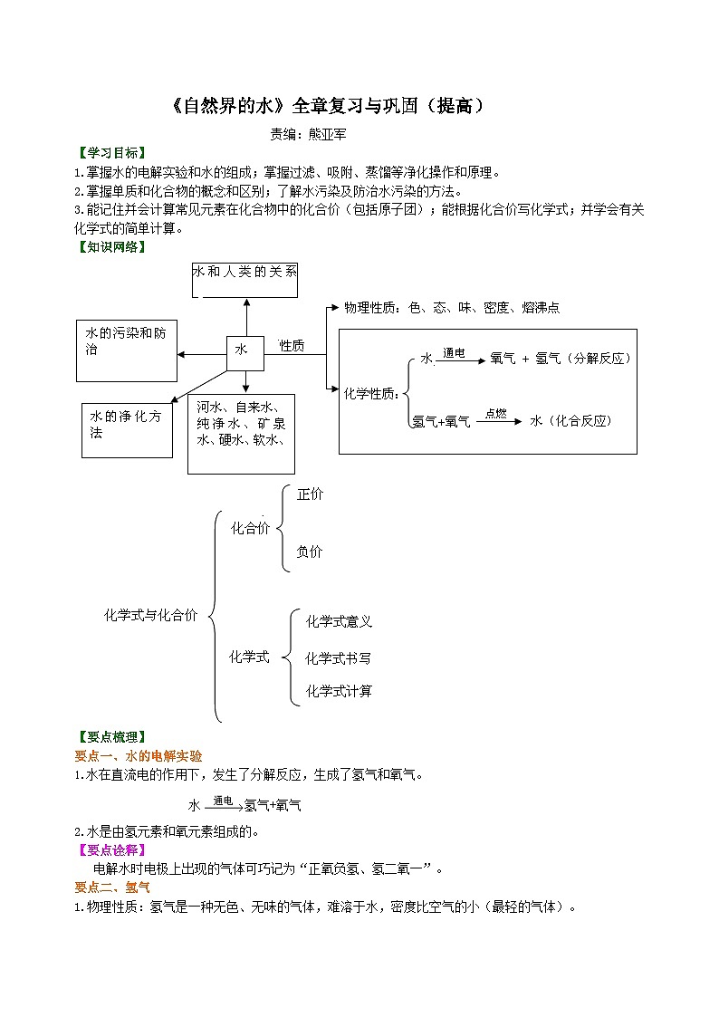 人教版化学九年级上册同步精品讲义《自然界的水》全章复习与巩固练习(提高) 知识讲解01
