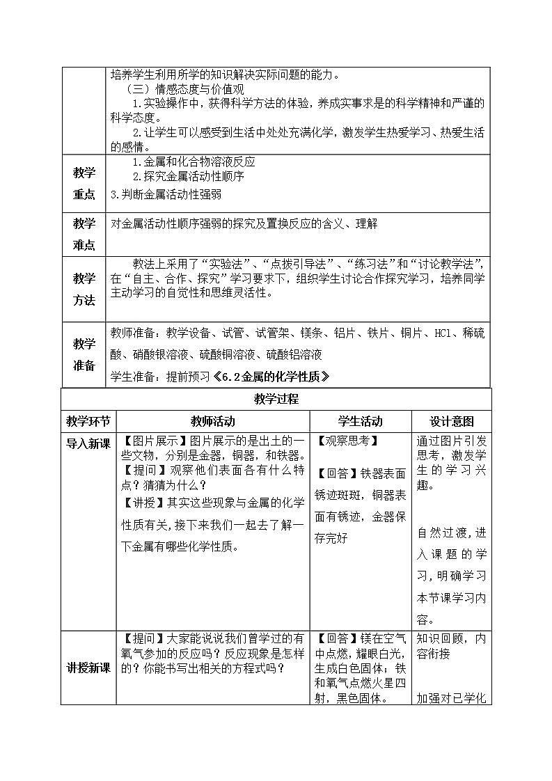 【核心素养目标】粤教版初中化学九年级下册6.2 《 6.2金属的化学性质》教学设计第2页