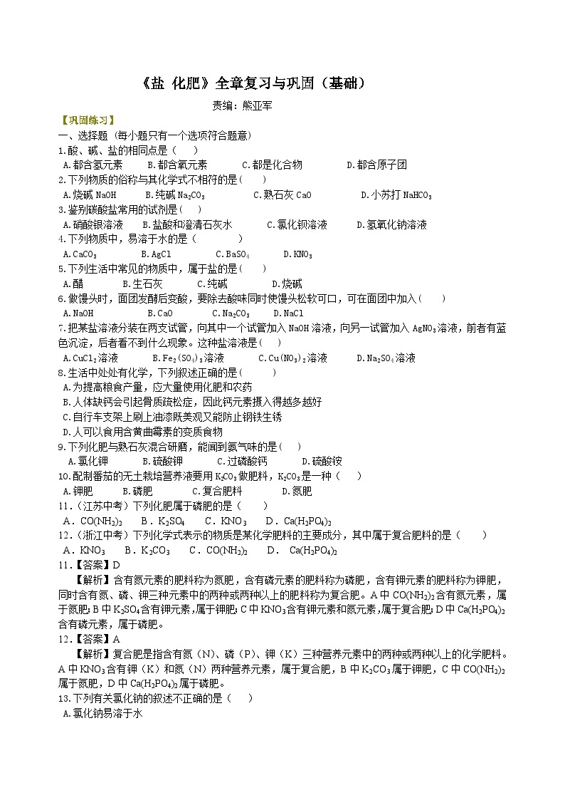 人教版化学九年级下册同步讲义《盐 化肥》全章复习与巩固（基础） 巩固练习（含解析）01