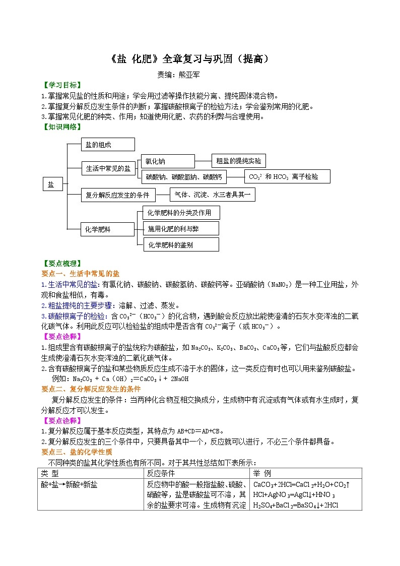 人教版化学九年级下册同步讲义《盐 化肥》全章复习与巩固（提高）知识讲解01