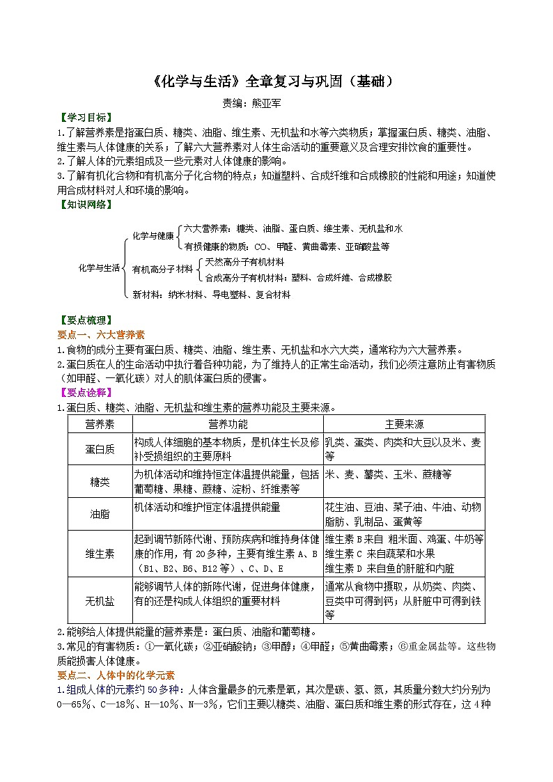 人教版化学九年级下册同步讲义《化学与生活》全章复习与巩固(基础)知识讲解01
