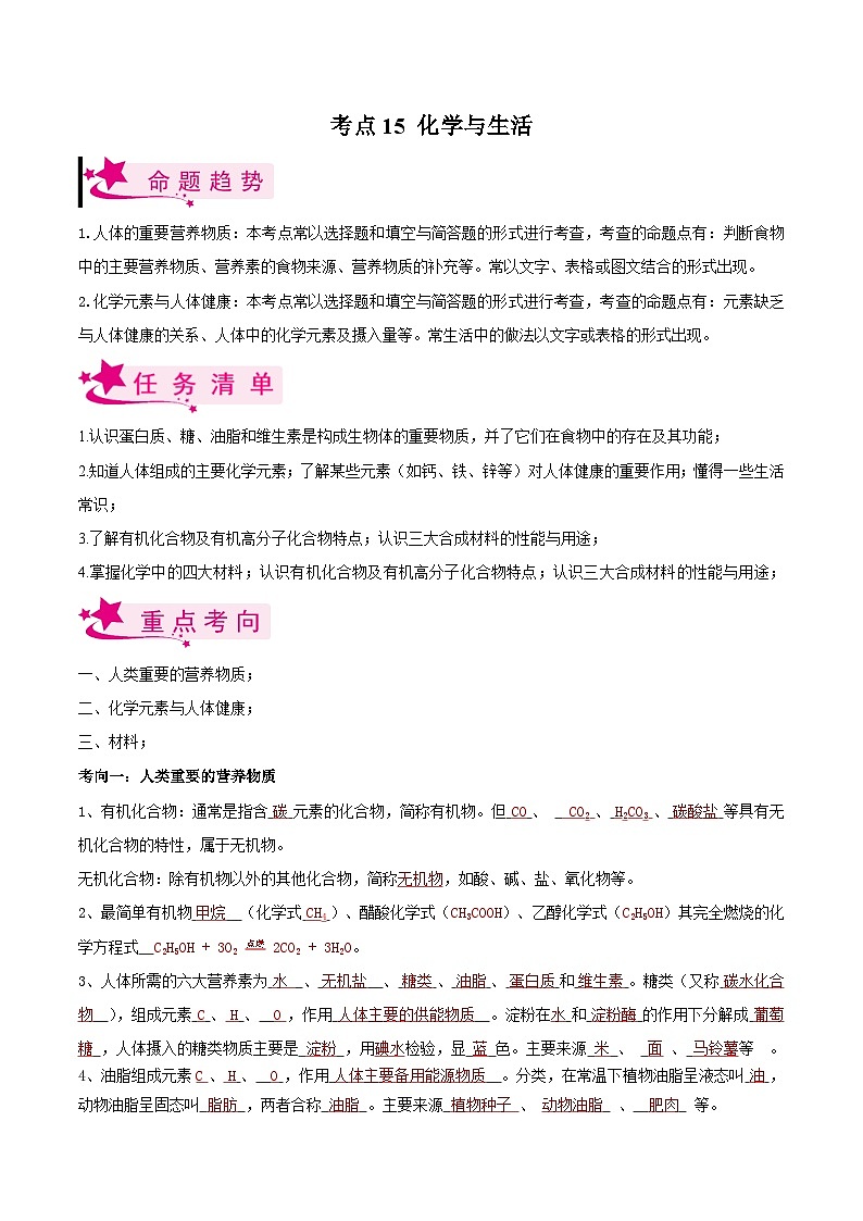 中考化学一轮复习知识梳理+巩固训练考点15 化学与生活(含解析)第1页