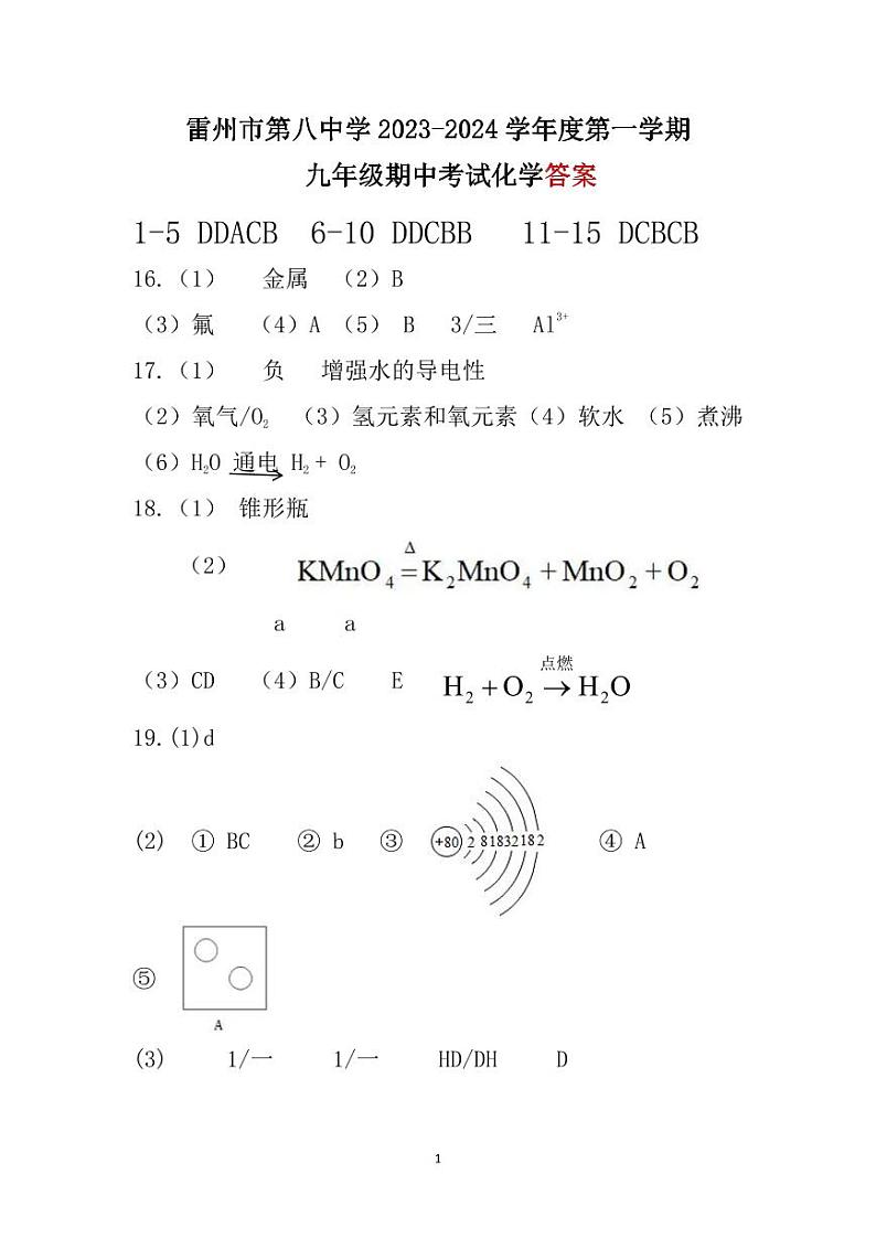 广东省雷州市第八中学2023-2024学年度第一学期九年级化学期中考答案第1页