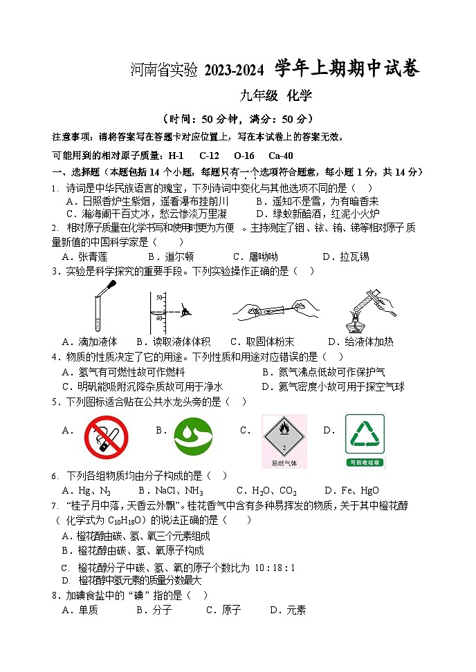 河南省实验中学2023-2024学年九年级上学期期中化学试卷01