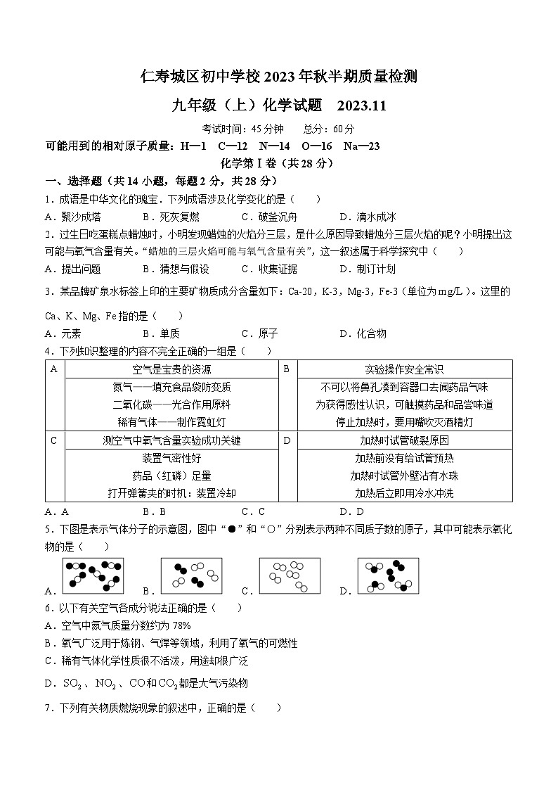 四川省眉山市仁壽縣城區(qū)初中學(xué)校2023-2024學(xué)年九年級上學(xué)期期中化學(xué)試題第1頁