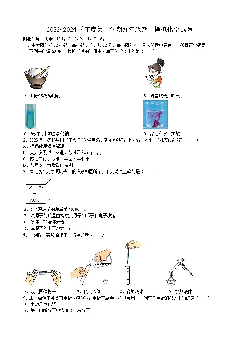 安徽省合肥市卓越中学2023~2024学年九年级上学期期中模拟化学试题第1页