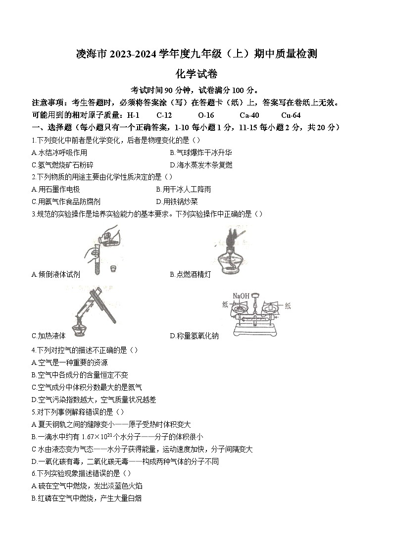 辽宁省锦州市凌海市2023-2024学年九年级上学期期中化学试题第1页