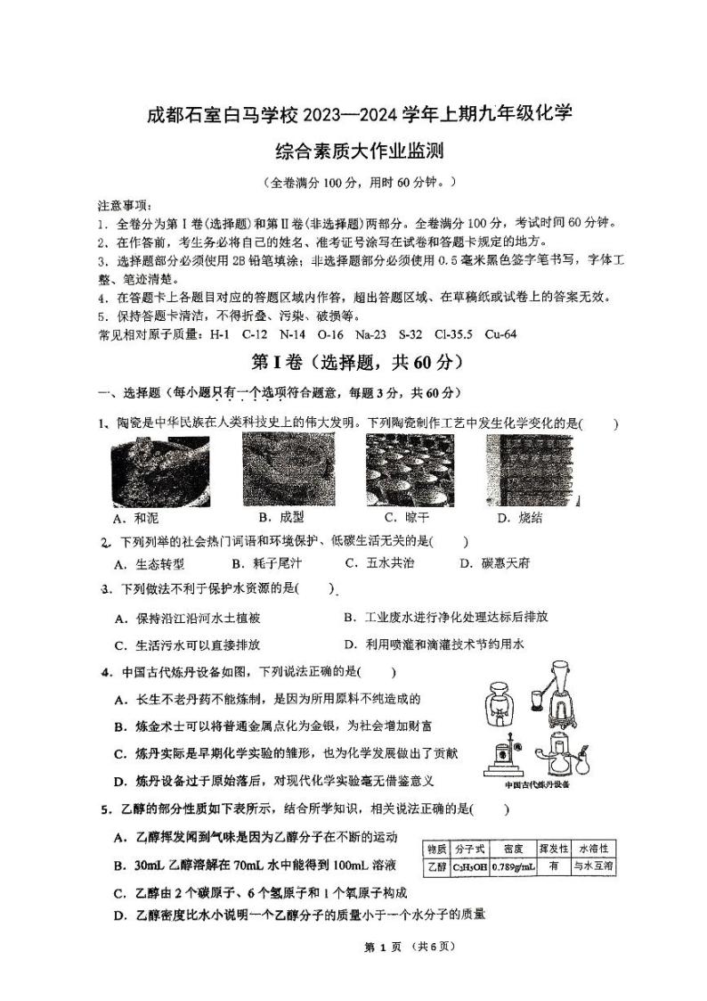 四川省成都市石室教育集团2023-2024学年九年级上学期11月期中化学试题01