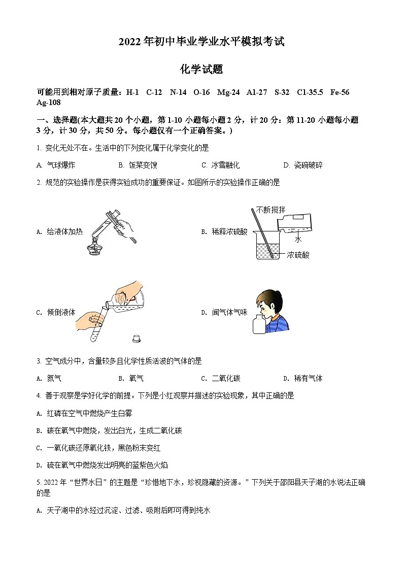 2022年湖南省邵阳市邵阳县中考模拟化学试题第1页