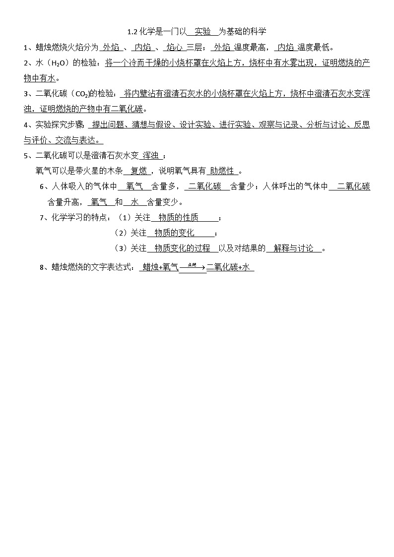 人教版初中化学九年级上册同步基础知识点背默--1.2化学是一门以实验为基础的科学01