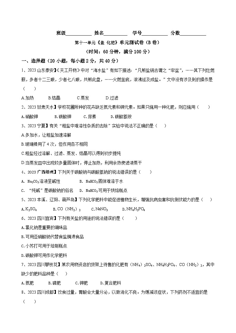 第十一单元 盐 化肥单元测试卷(B卷提升篇)(原卷版)-九年级化学下册同步单元AB卷(人教版)01