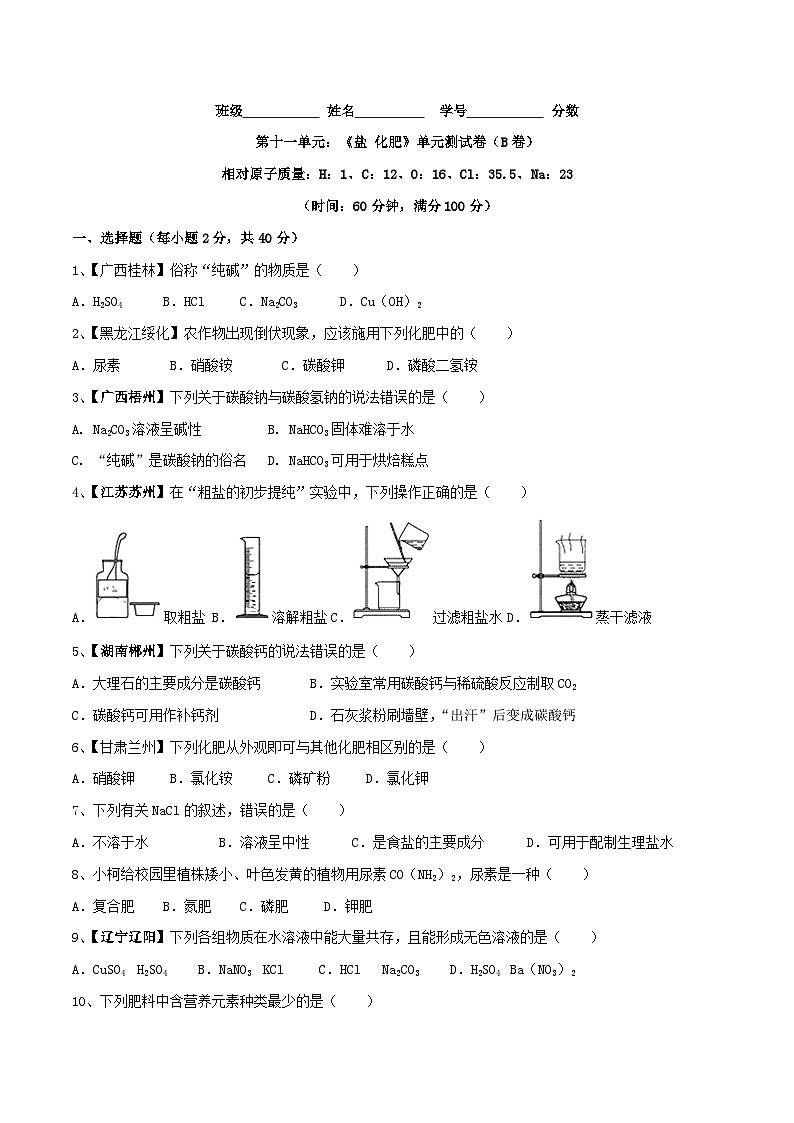 第十一单元 盐 化肥单元测试卷(B卷提升篇)(原卷版)第1页