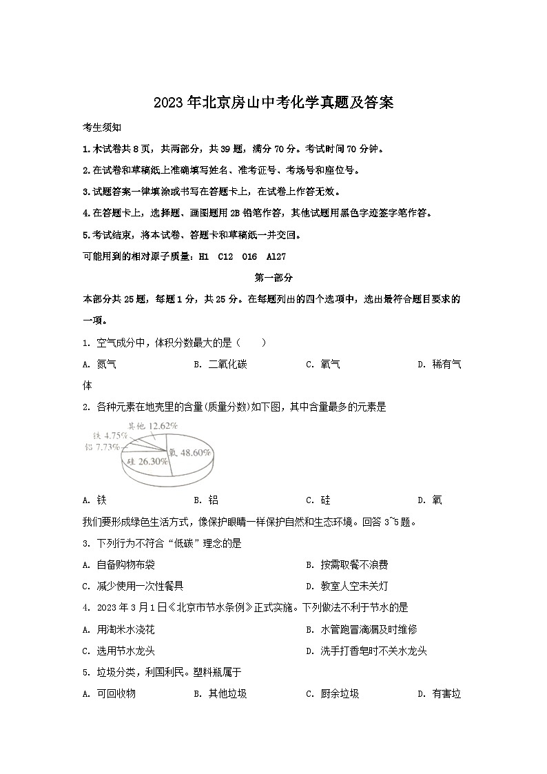 2023年北京房山中考化學(xué)真題及答案第1頁