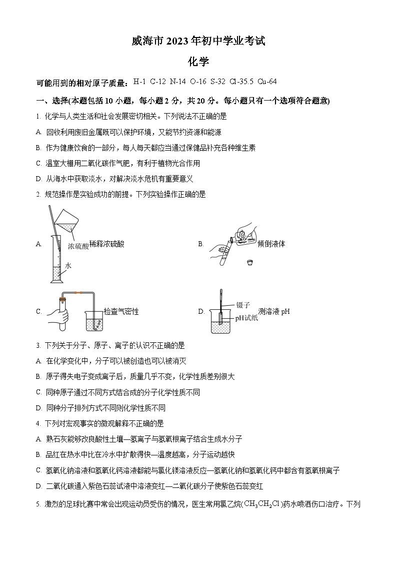 2023年山东省威海市中考化学真题01