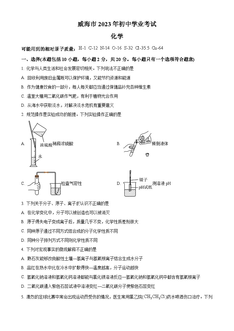 2023年山东省威海市中考化学真题(原卷版)第1页