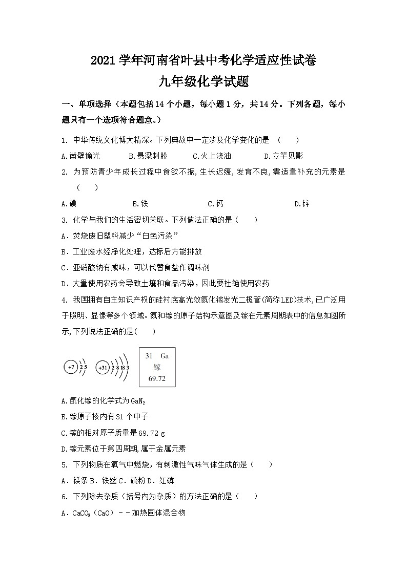 2021学年河南省叶县中考化学适应性试卷01