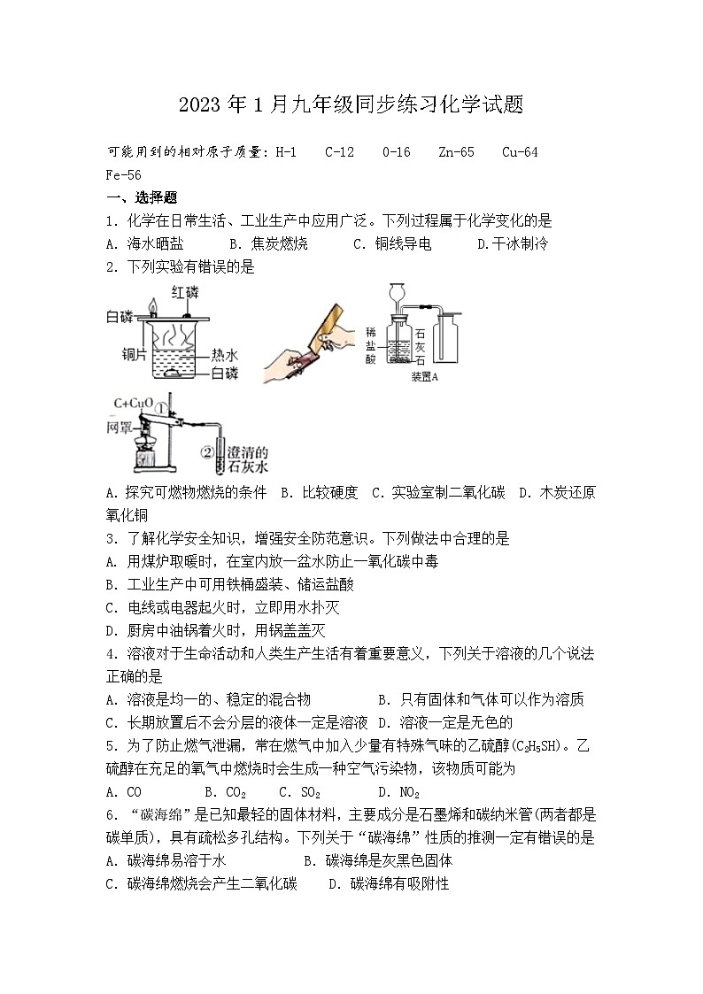 武汉一初慧泉2022-2023学年第一学期元调模拟九年级化学试题第1页