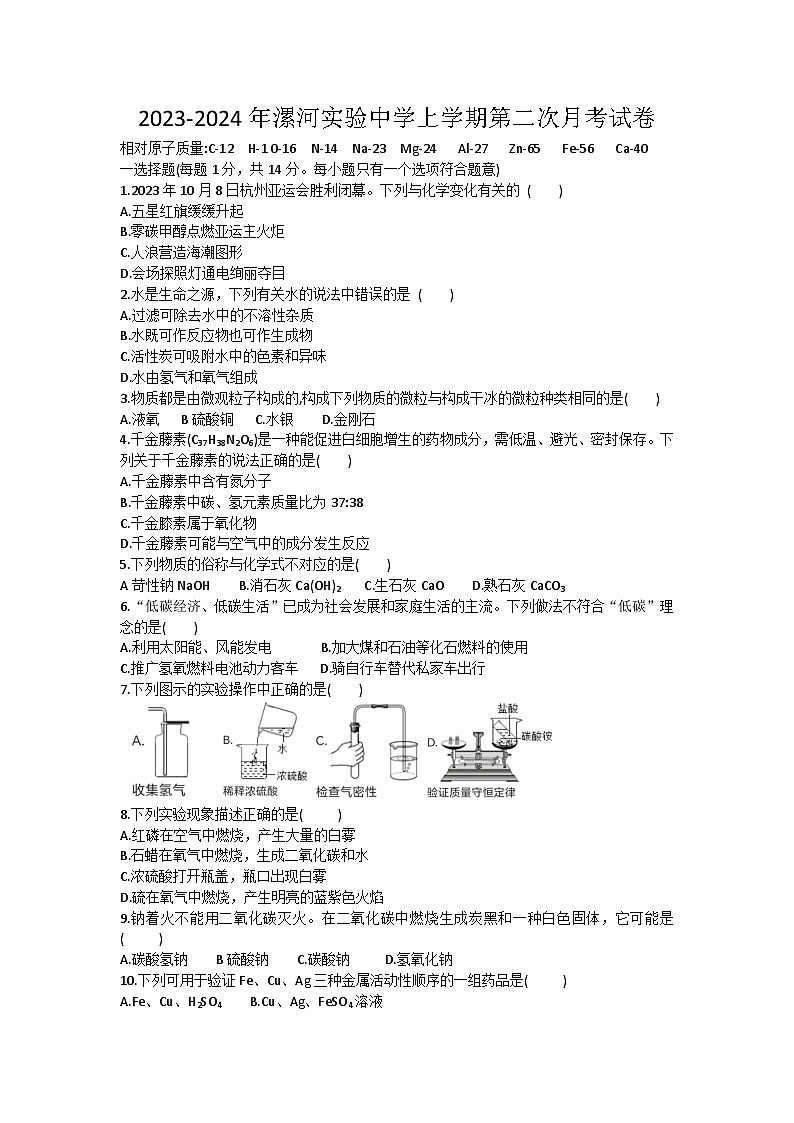 河南省漯河实验中学2023-2024学年九年级上学期第二次月考化学试卷第1页