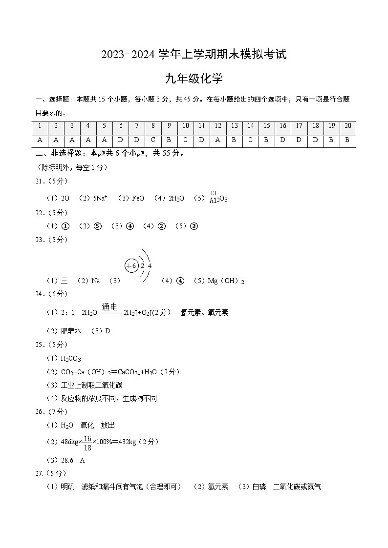 九年级化学期末模拟卷(参考答案)(人教版)第1页