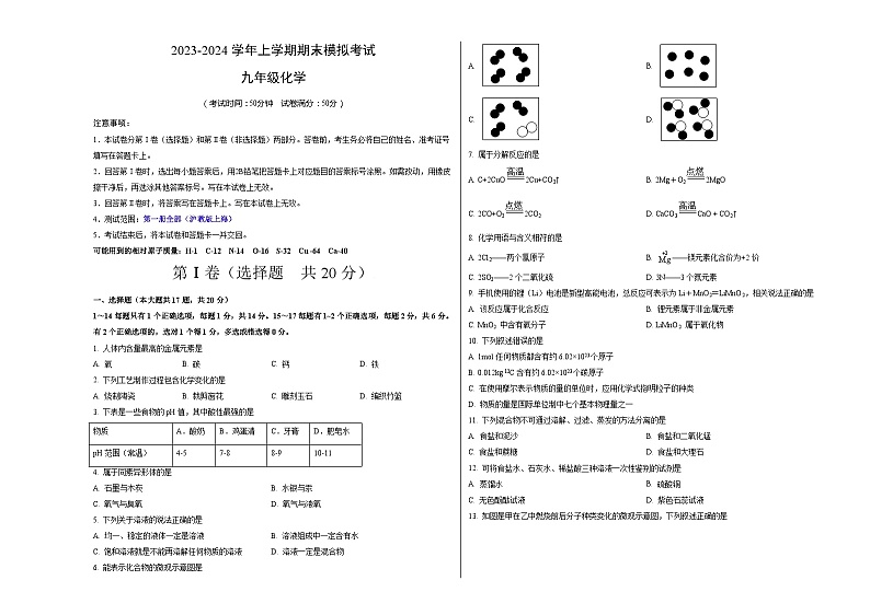 九年级化学期末模拟卷01(考试版A3)【测试范围:沪教上海版第一册全部】第1页