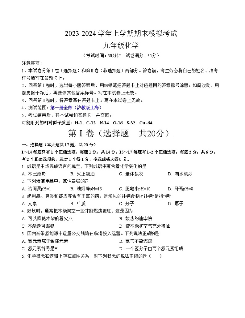 九年级化学期末模拟卷02(考试版A4)【测试范围:沪教上海版第一册全部】第1页